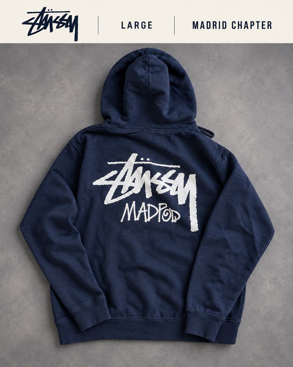 Stussy Madrid Chapter Pull Over Hoodie L  Navy Blue Archive Colorway - Rare